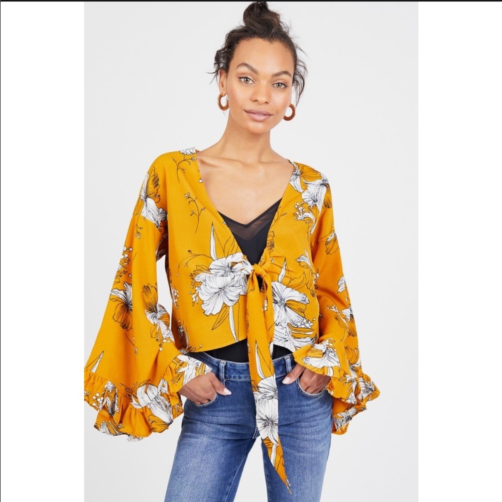 Yellow Floral Tie Front Crop Top - Bell Sleeves